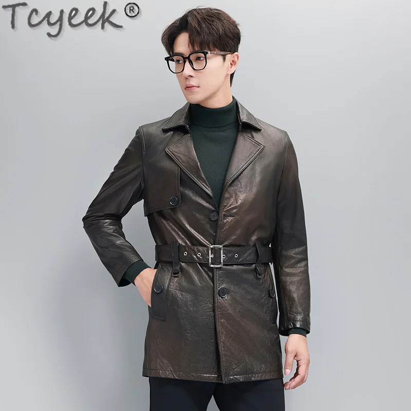 Tcyeek-Veste en cuir véritable pour homme, manteau en cuir de vachette couche supérieure, vêtements de printemps et d'automne, combinaison mi-longue pour homme