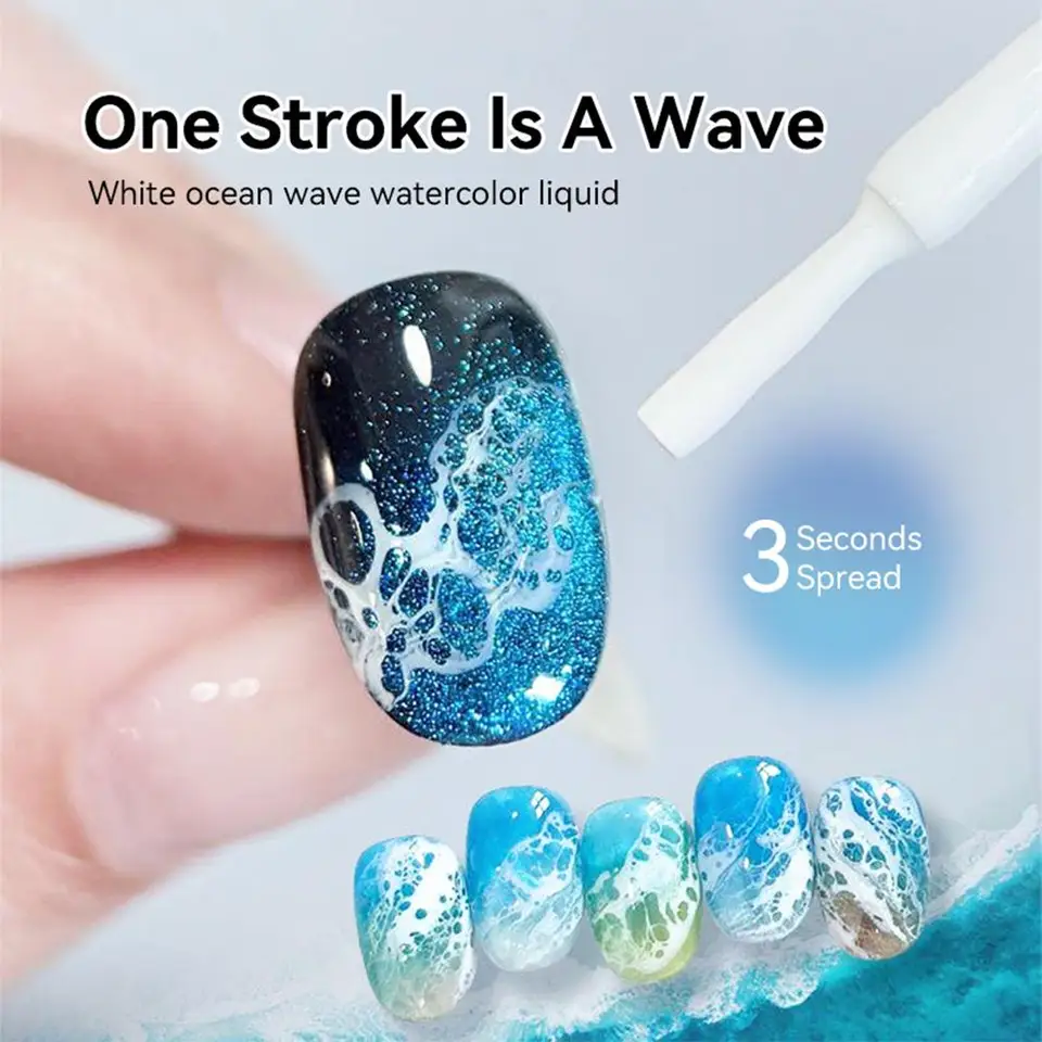 Esmalte en gel de acuarela de olas oceánicas blancas de 10 ml, se extiende 3 segundos, burbujas de encaje hueco, se remoja con UV LED, barniz de manicura 3