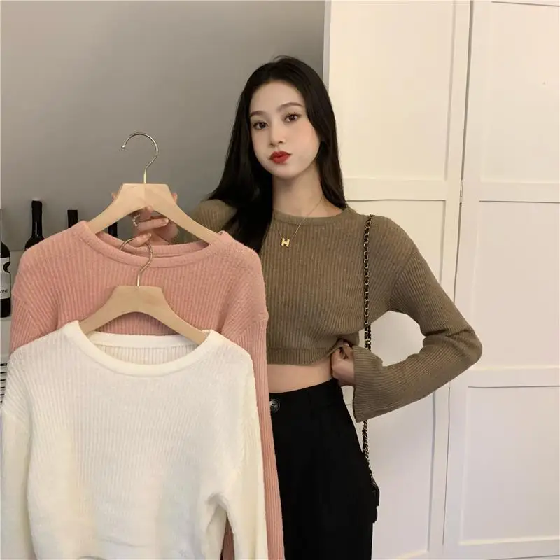 

Women's ort Sve Knitted Sweater Cotton Simulation Bell Sve Base irt Inner Wear Faionable Autumn Winter Top