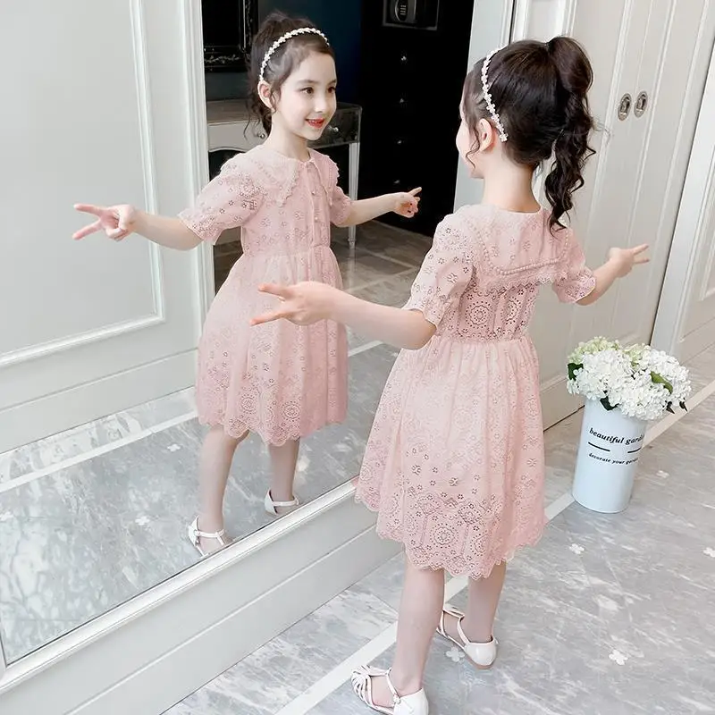 New 2023 Summer Child Dress Girls Party Princess Dresses Student Elegant Kids Turn-down Collar Clothes 2 4 6 8 10 12  Years Old