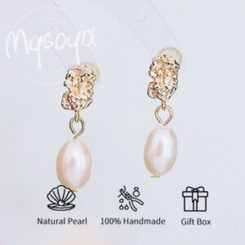 

MYSOYA White/Purple Rice-Shaped Freshwater Pearl Earrings 8-9mm With Gift Box For Her/Him Birthday/Wedding/Christmas Gift