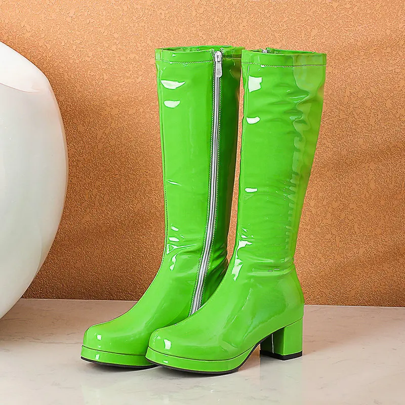 

Women's Fluorescent Green Patent Knee-High Boots | Block Heel Zipper, Viral Statement Fashion Footwear