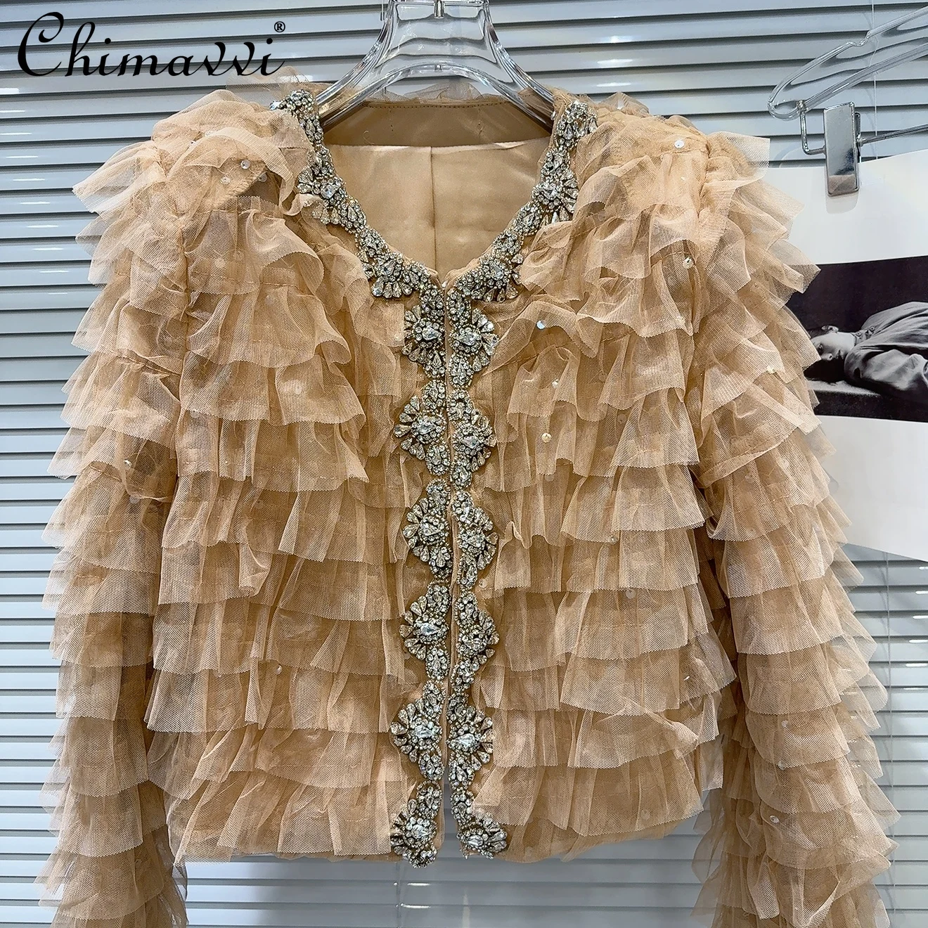 Spring New High-end Luxury Rhinestone Nails Diamond Collar Jacket Women's Fashion Long-sleeved Multi-layer Mesh Short Coat Top
