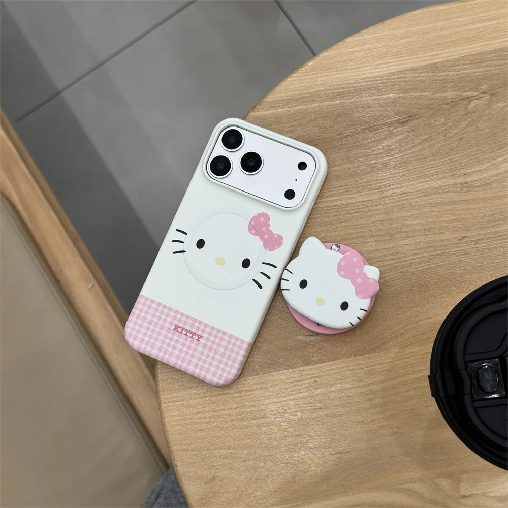 

Korean Plaid Cartoon Magnetic Phone Case for iPhone 15 Pro 16 Pro 17 Pro Max 17 Cover With Hellokitty Magsafe Stand Cute Cases