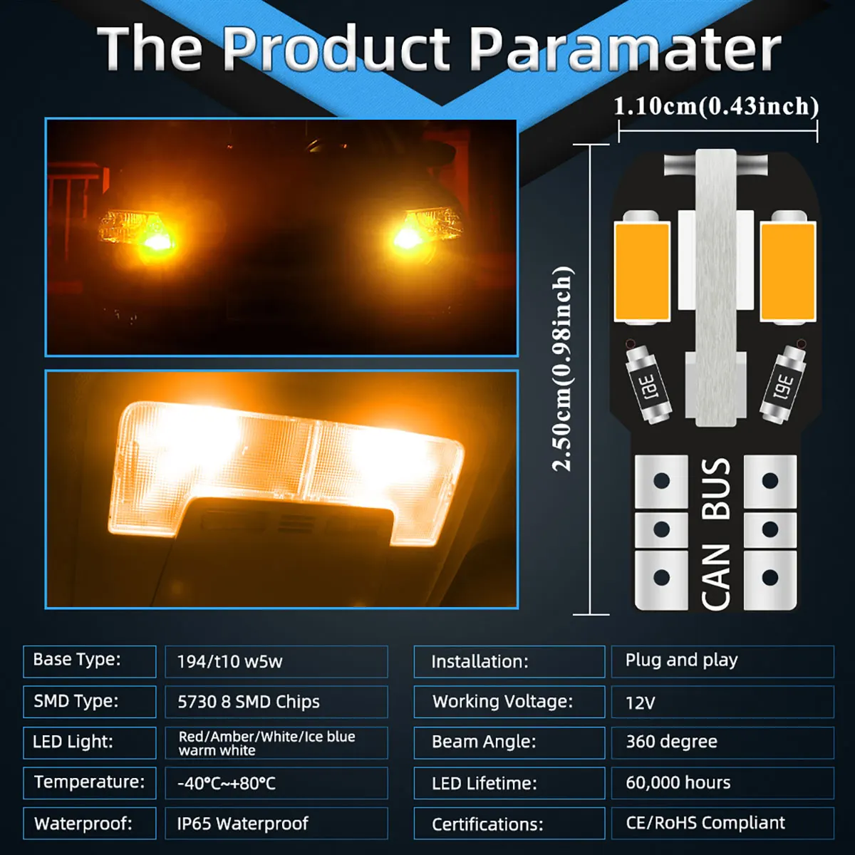 100 шт. T10 автомобильная светодиодная лампа W5W светодиодная Canbus без ошибок супер яркий салон автомобиля авто лампа белый янтарный купольный светильник для чтения