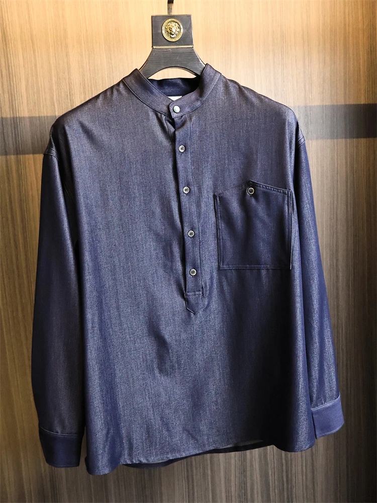 

Long Sve Men's irt Vintage Stand Collar f Open Front Pure Color Autumn Faion Urban Sle Breathable Polyester