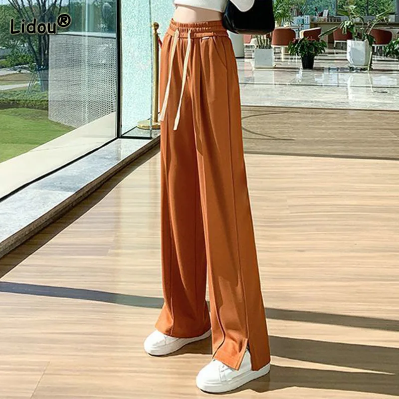 

Office Lady Spring Autumn Regular/Lengthen Solid Color Diagonal Wide Leg Pants Fashion Drape Bandage Split Fork Women Trousers