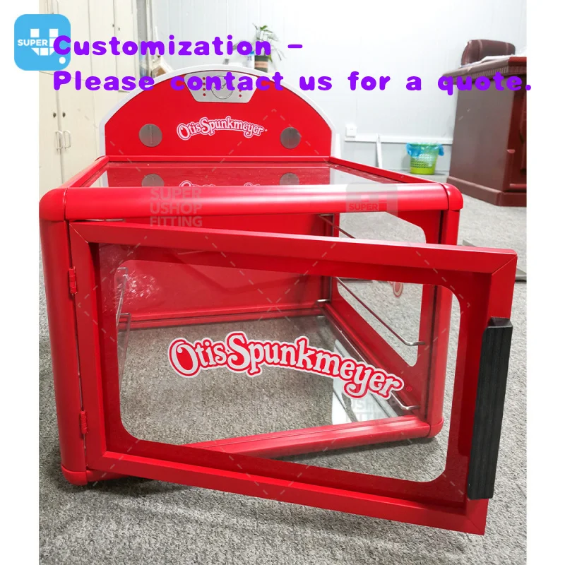 custom.Fashion Red Metal Donuts Display Showcase Custom Countertop Cookies Food Stand Bakery Display Snack Cakes
