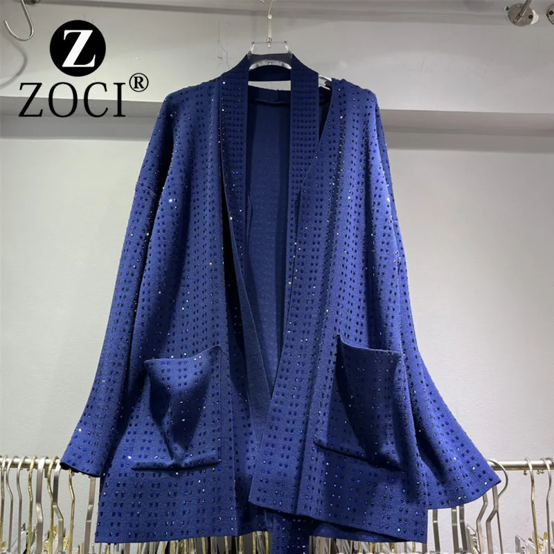 [ZOCI] Heavy Industry Full Body Hot Diamond Large Pocket Design Loose Style Mid Length Knitted Cardigan Autumn New