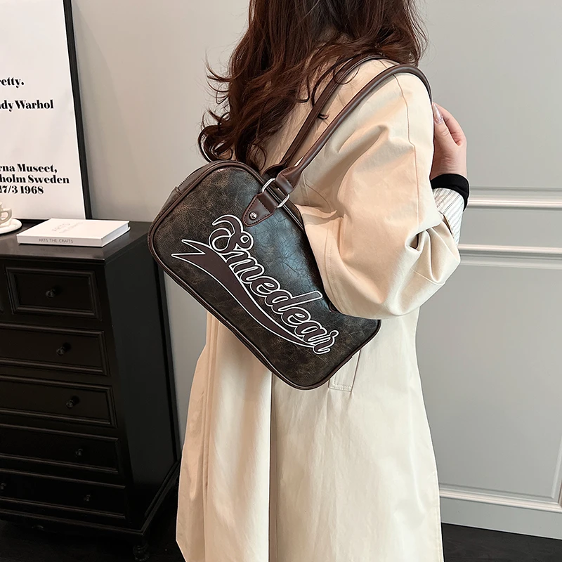 MOODS Retro Bowling Shoulder Bags For Women Letter Print Solid Color Long Handle Boston Bag 2025 Latest Luxury Designer Handbags