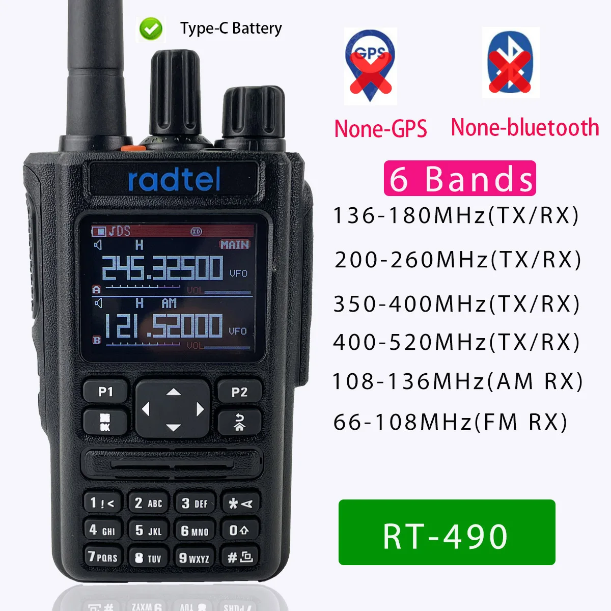 No GPS/Bluetooth Ver. Radtel-walkie-talkie RT-490, Radio Amateur, banda aérea, 256 canales, VOX SOS, LCD, escáner de policía, aviación