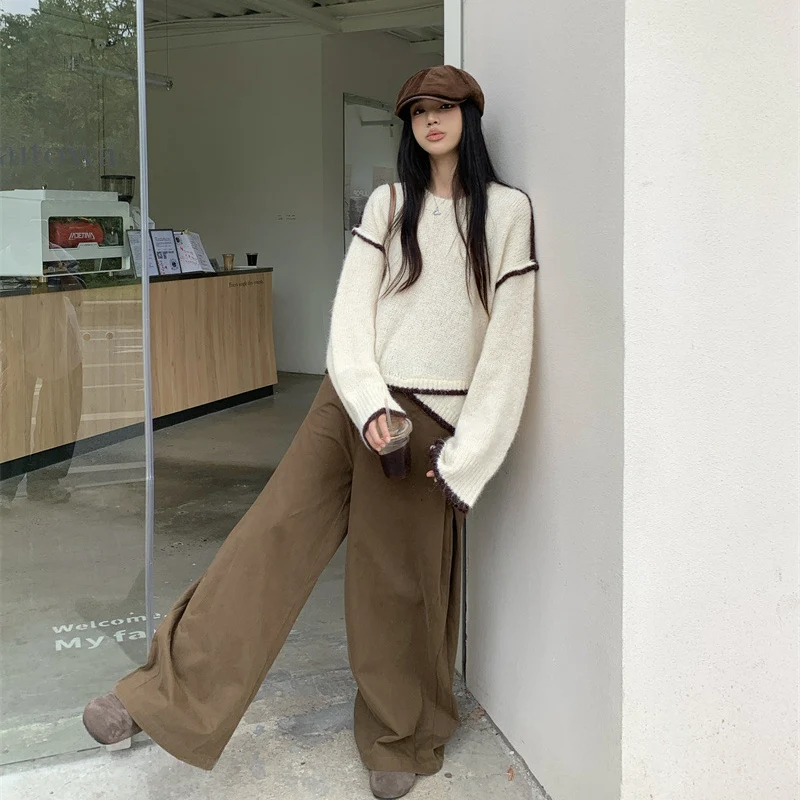 Pull épissé irrégulier pour femme, couleur contrastée, ample, col rond, tricoté, élégant, manches longues, automne