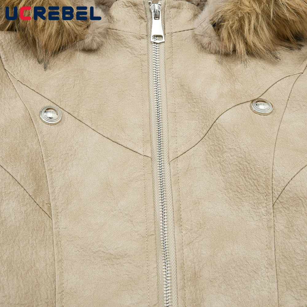 Spliced Pocket PU Leather Padded Jacket Mens Winter Thick Retro High Street Loose Long Sleeve Removable Hat Outerwear Man