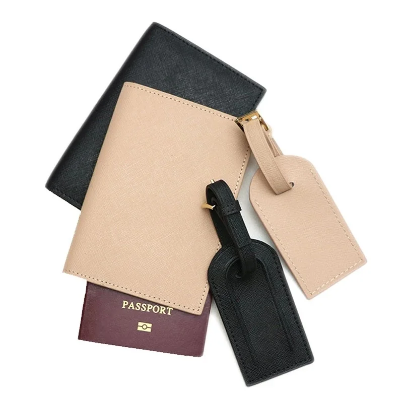 Custom Initial Letters Saffiano Pebble Leather Travel Passport Cover Men Women Luggage Tag Passport Holder Set With Gift Box