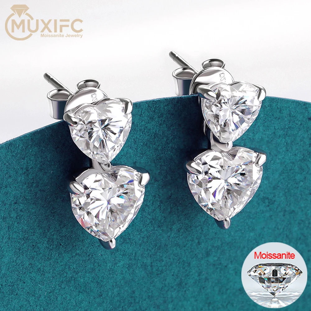 

MUXIFC Heart Cut Moissanite Drop Earrings 2/4cttw GRA Certified Wedding Ear Studs for Women Lab Diamond 925 Silver Fine Jewelry