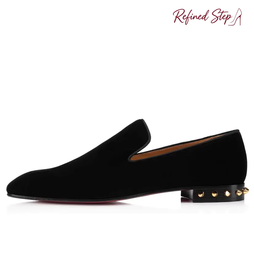 Slip On Loafers Back Heel Metal Rivet Decor Patent Leather & Velvet Flat Luxury Party Formal Dress Footwear