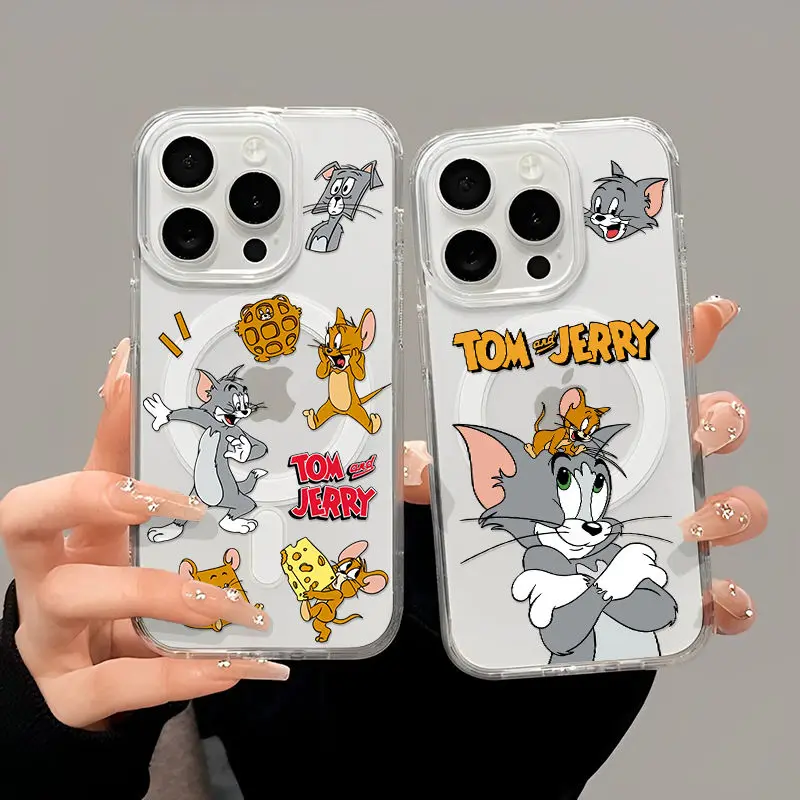 Tom And Jerry Cheese Waffle Phone Case For iPhone 16 15 14 13 12 11 Pro Max Plus MINI Y2K Magnetic Force Transparent Back Cover