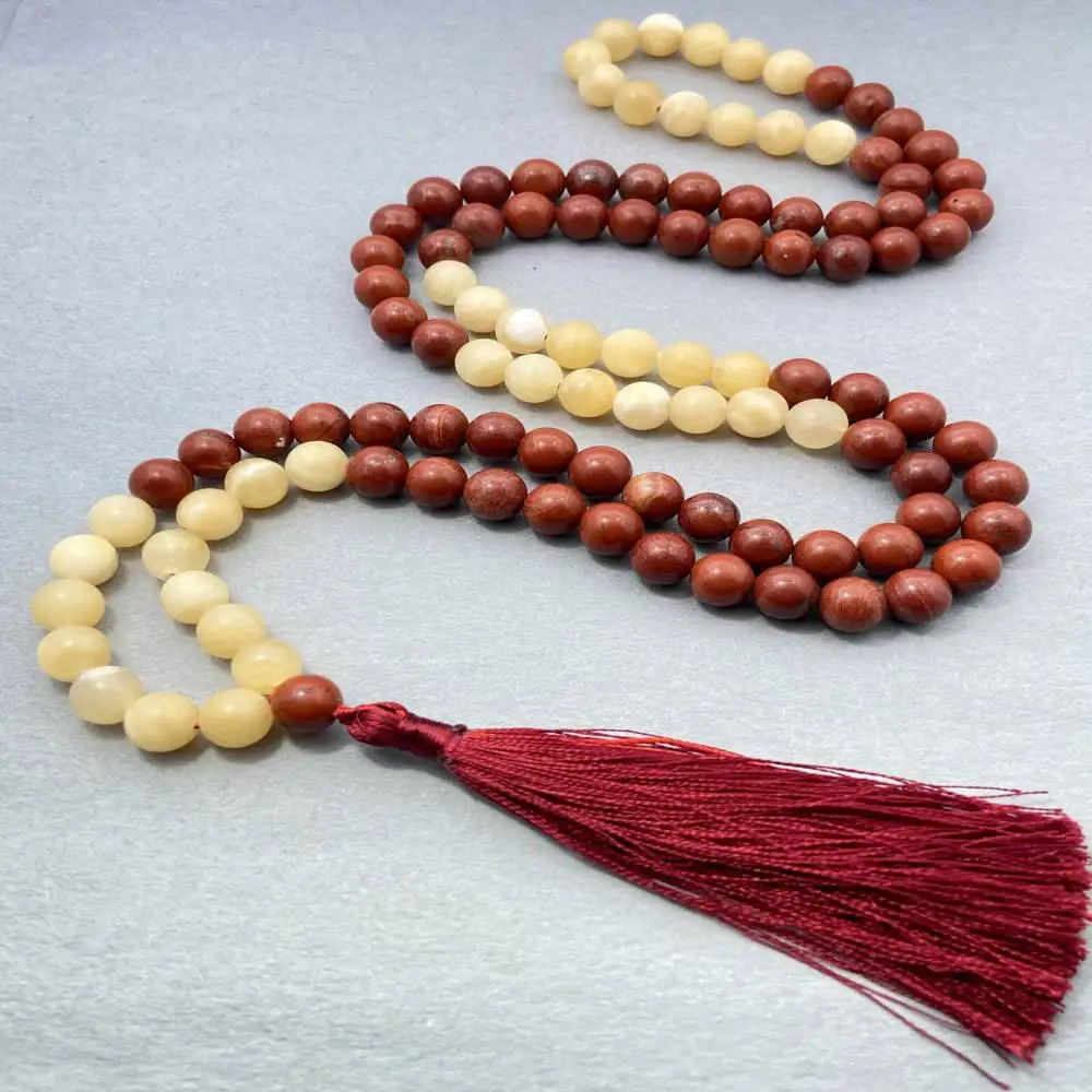 

Natural Red Jasper & Yellow Calcite 108 Beads Mala Necklace with Red Tassel Spiritual Meditation Jewelry