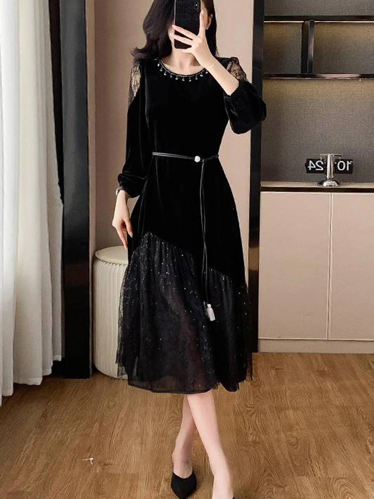 NYFS 2025 Mesy الربط المرأة فستان صيفي فضفاض حجم كبير المخملية كم طويل فستان طويل رداء Elbise