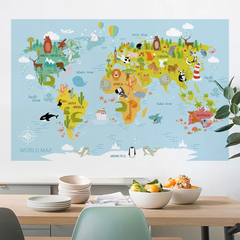 Large Cartoon World Map Wall Stickers Animals Watercolor Kids Room Baby Vinyl Nursery Art Decals for Babys Girls Room Home Decor