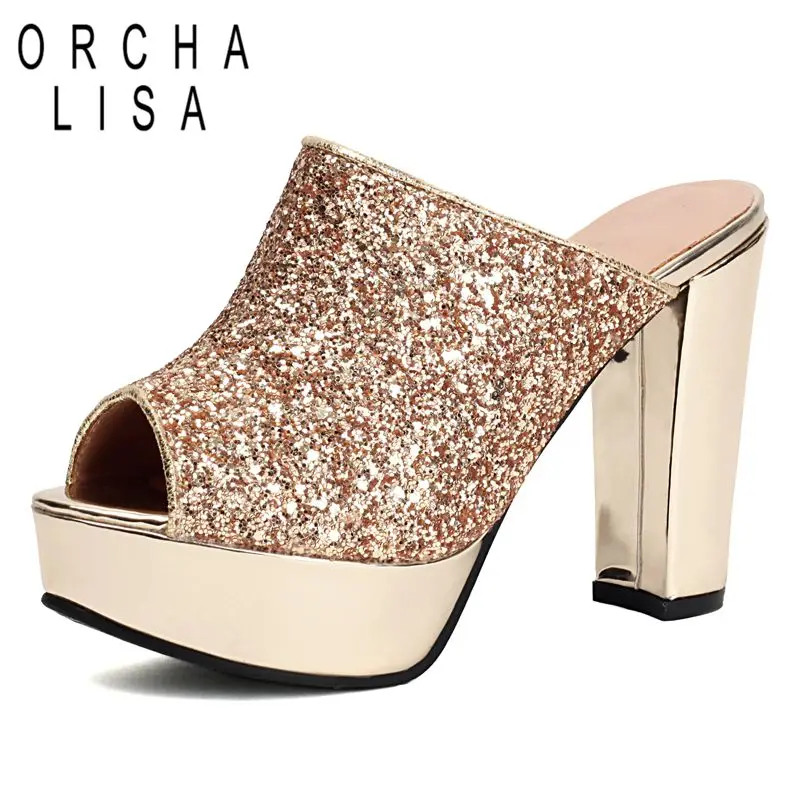 

ORCHA LISA 2025 Bling Женские сандалии с открытым носком на блочном каблуке 11,5 см Платформа 2,5 см Слипоны Мюли размера плюс 43 44 45 Сексуальная повседневная обувь