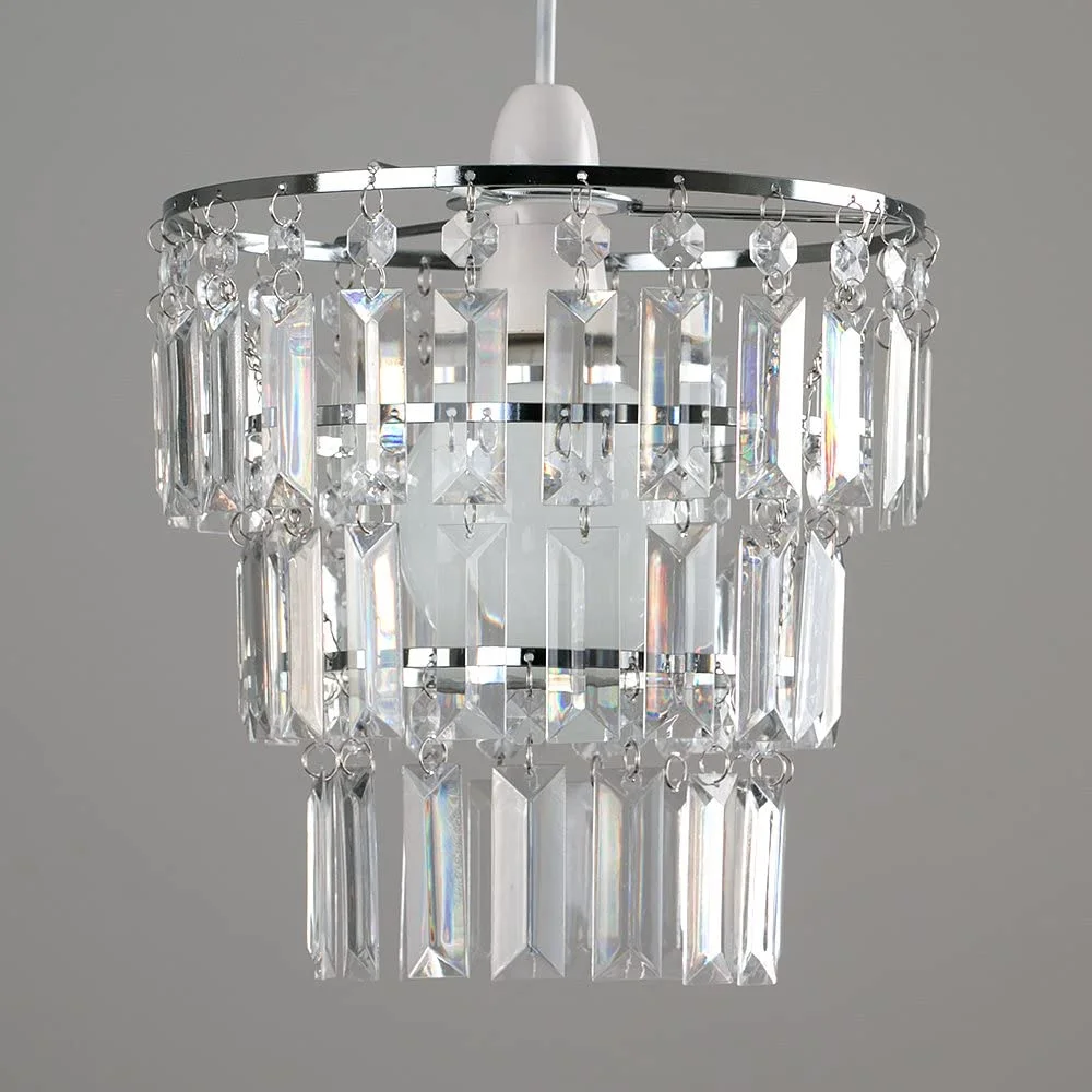 3 Tiers Clear Beaded Chandelier, Modern Chrome Chandelier Ceiling Pendant Light Shade with Acrylic Droplets (Without Cord Kit)