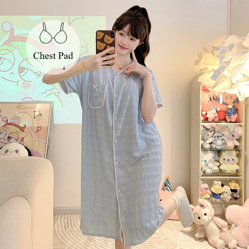 

Plus Size Women Loose Nightgown Korean Style Button Mid Length Pajamas Dress Summer Short Sleeve Loungewear with Chest Pads