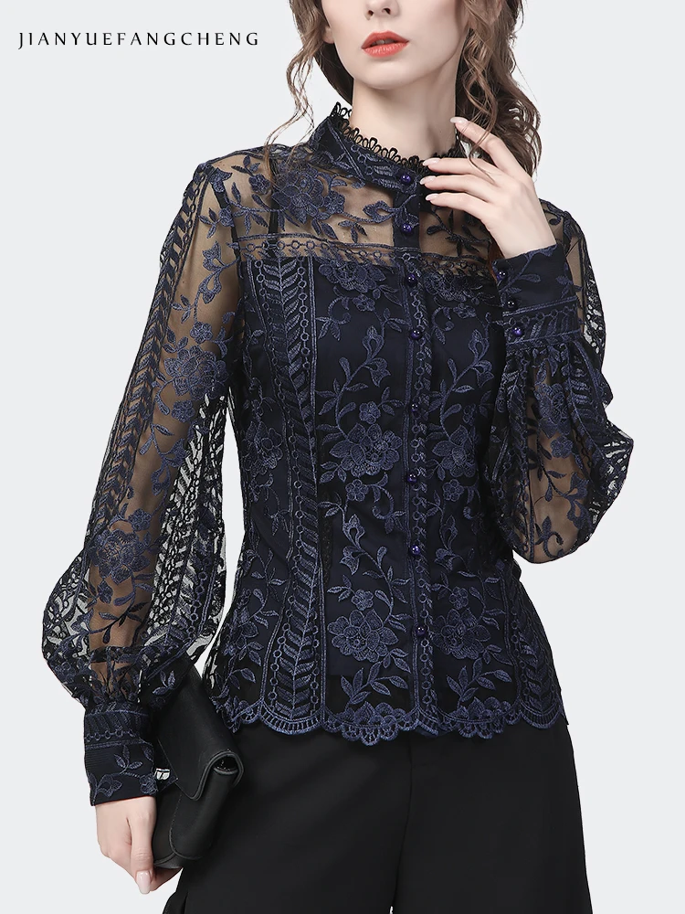 Ladies Embroidered Floral Tulle Blouse Women Hollow Out Lantern Sleeve Bodycon Button-Down Shirt 2022 Spring Vintage Lace Tops