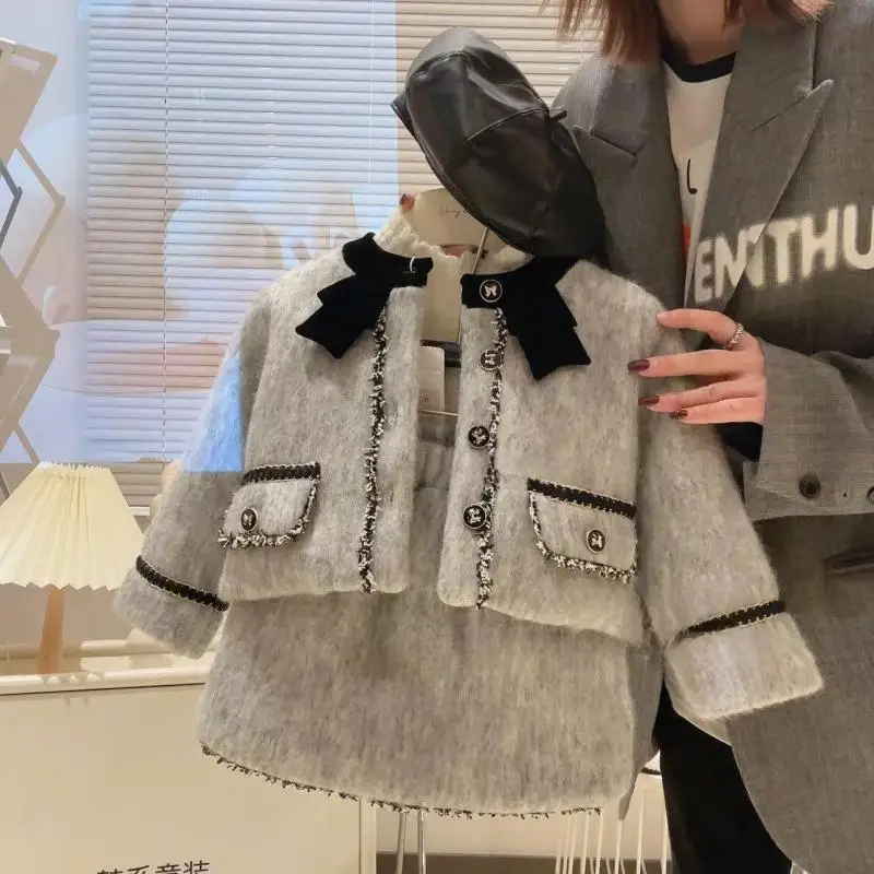 Spring 2025 New Girl Two Piece Set Princess Style Elegant Short Skirt Outfit for Spring Autumn Fashion Kids Clothing Casual Coat