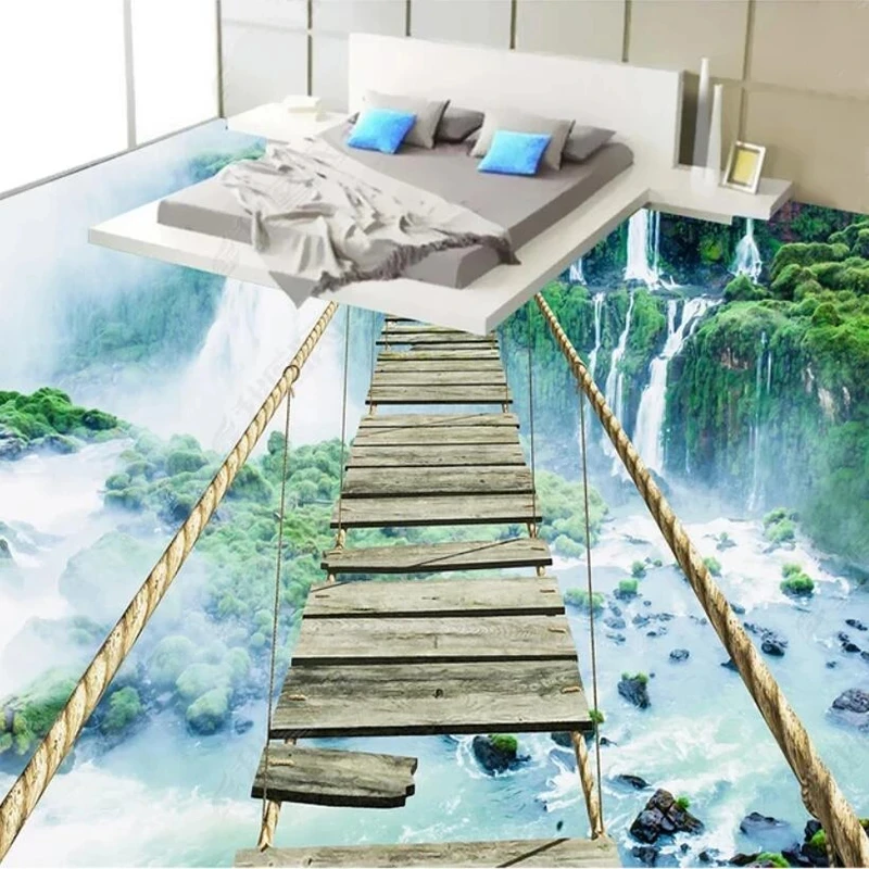 カスタム写真-3d-床壁画壁紙現代風景滝スリル満点のロープブリッジ自己粘着背景壁レストラン