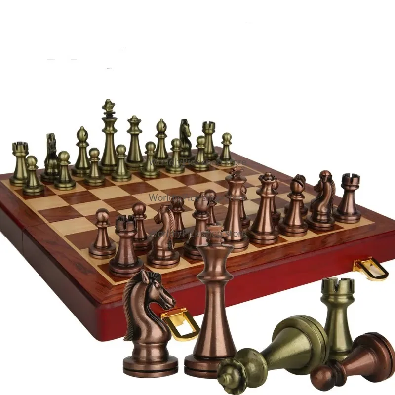 

Chess Set Gift Box Metal Chess Pieces Wooden Chessboard Vintage European Decor Acrylic Chess Game Set