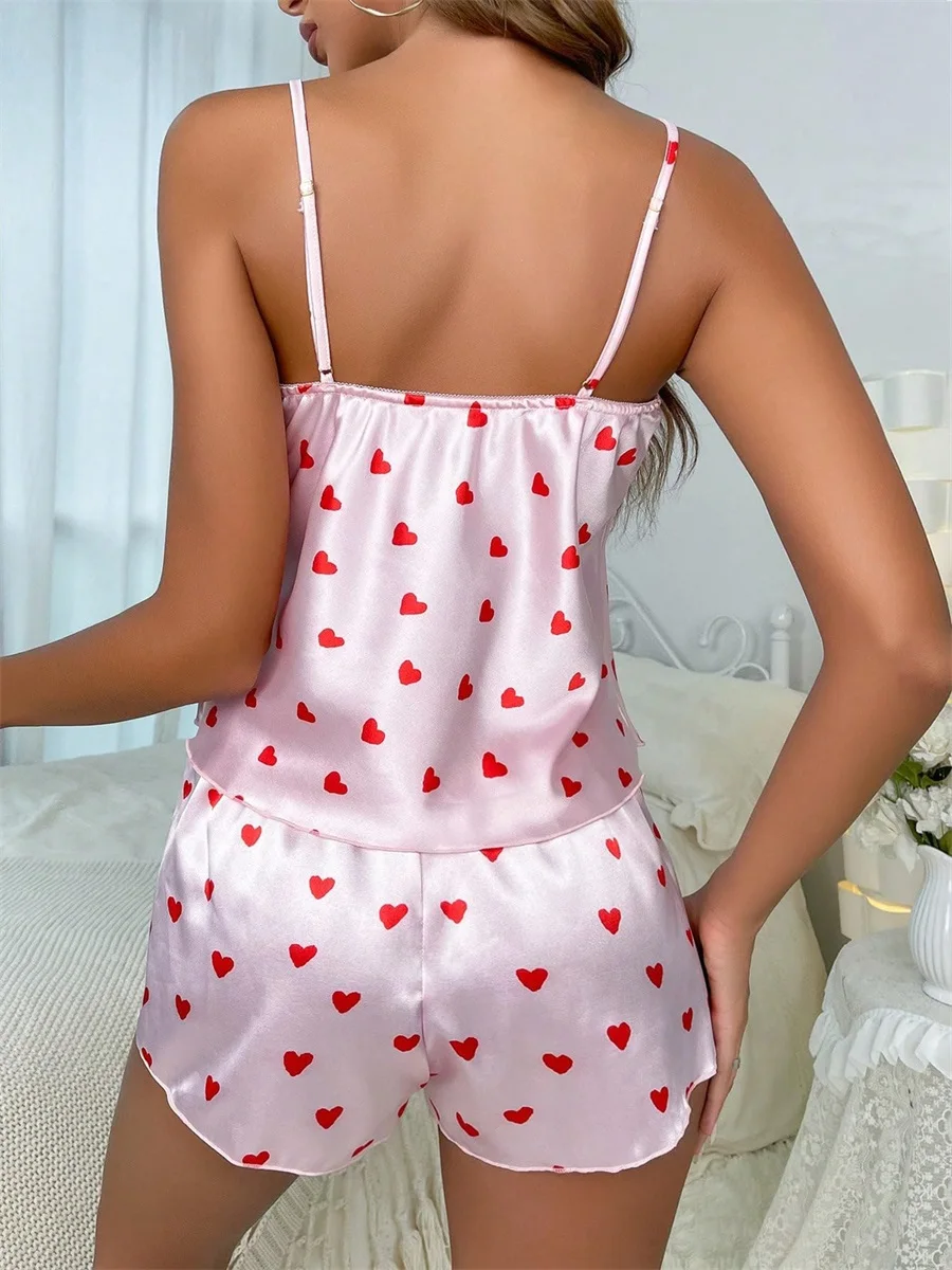 Valentine s Day Women s Pajama Set Sleeveless Heart Print Cami Top and Shorts Sleepwear Loungewear Matching Outfit