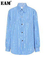 EAM Blue Sequins Striped Blouse Women Big Size New Lapel Long Sleeve Loose Fit Shirt Fashion Tide Spring Autumn 2025 1DF3126