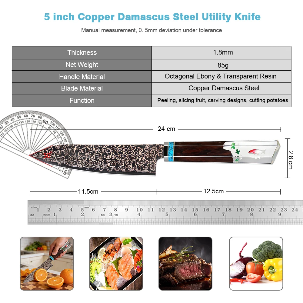 Japanese Kitchen Knife 5 Inch Utility Knife Copper Damascus Steel Sharp Cooking Knife Octagonal Ebony & Transparent Resin Handle