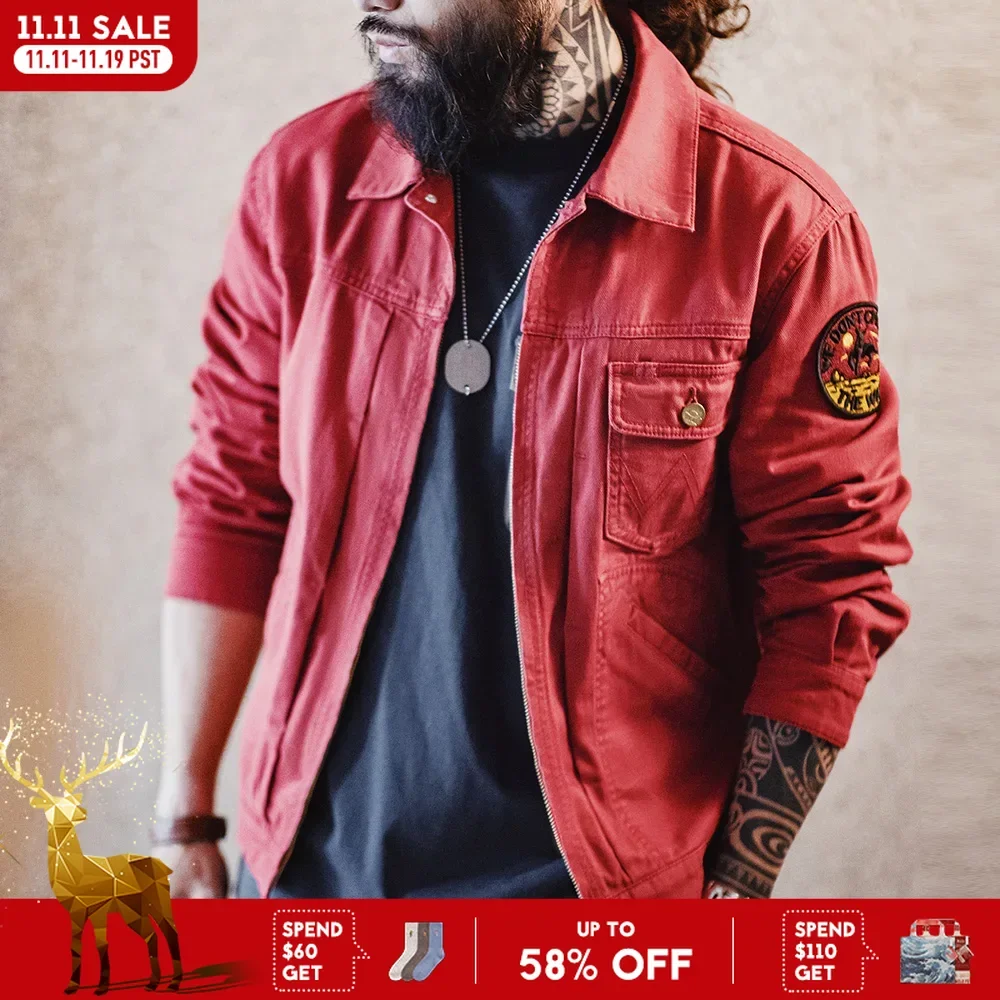 

Maden New Vintage Embroidered 12MJZ Jacket Heavy-Duty Letter Red Slim-Fit Canvas Lapel Coat Men's Spring Zip-Up Casual Outerwear