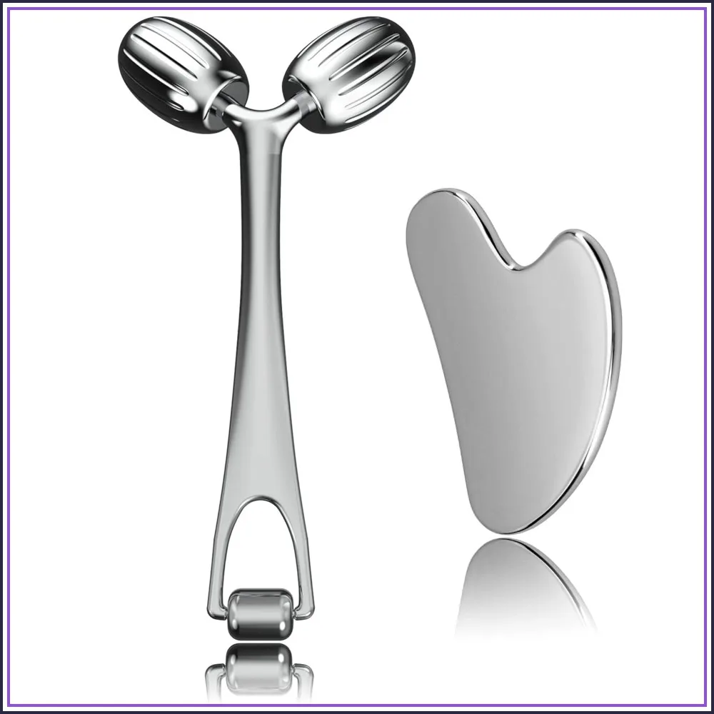 

Stainless Steel Gua Sha & Face Roller Set, Facial Massage Tool for Skincare, Face Sculpting & Eye Roller for Daily Use