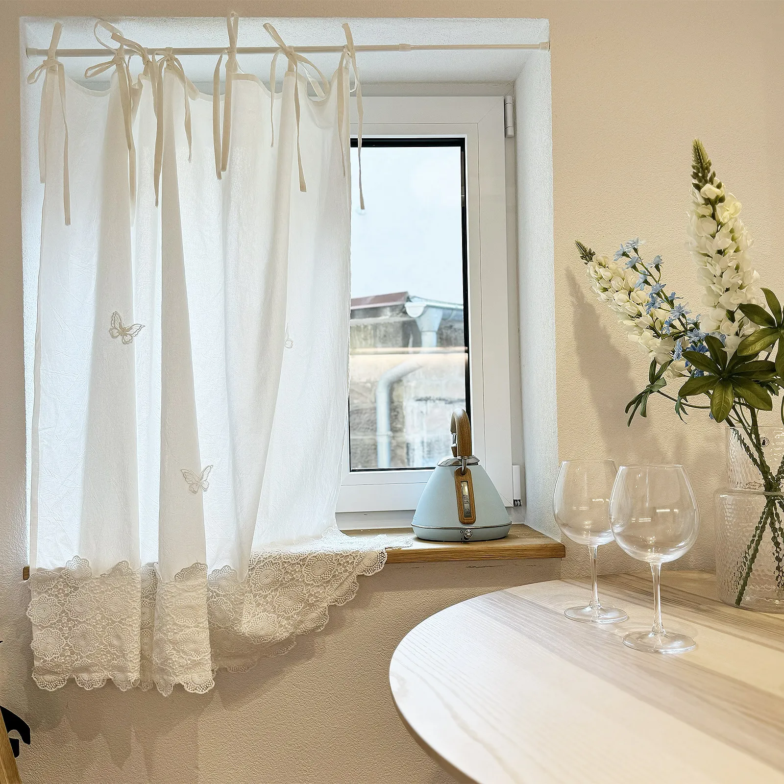 Cotton French Style Tie-Up Curtain, White Cafe Door Blind No Drill Ties Cabinet Privacy Valance Short Shade for Kitchen Window
