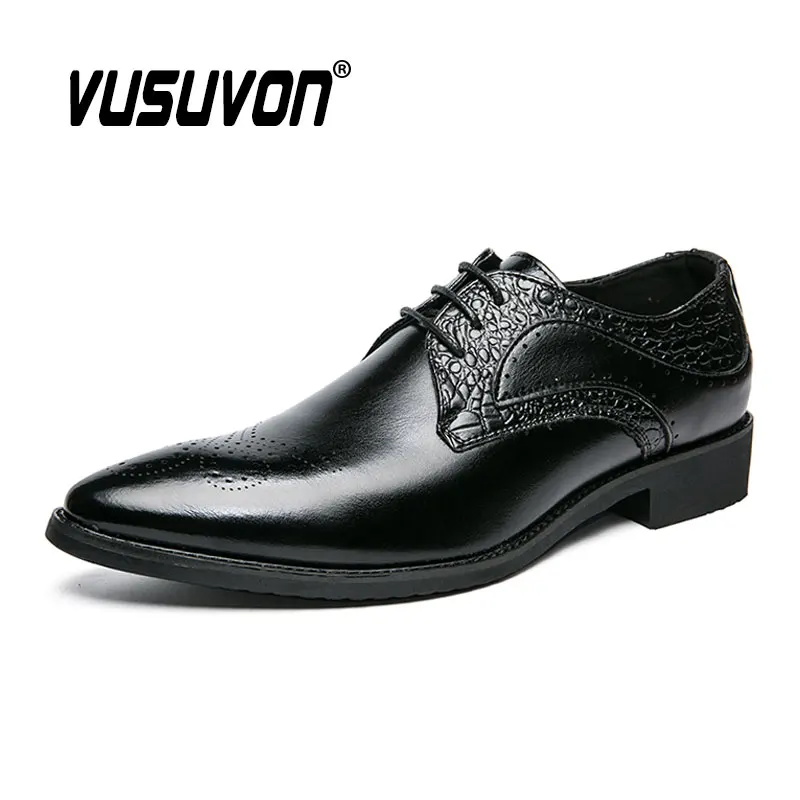 

2022 New Fashion Carved Brogue Shoes PU Leather Business Formal Male Lace-up Derby Loafers Point Toe Oxfords Boys Wedding Dress