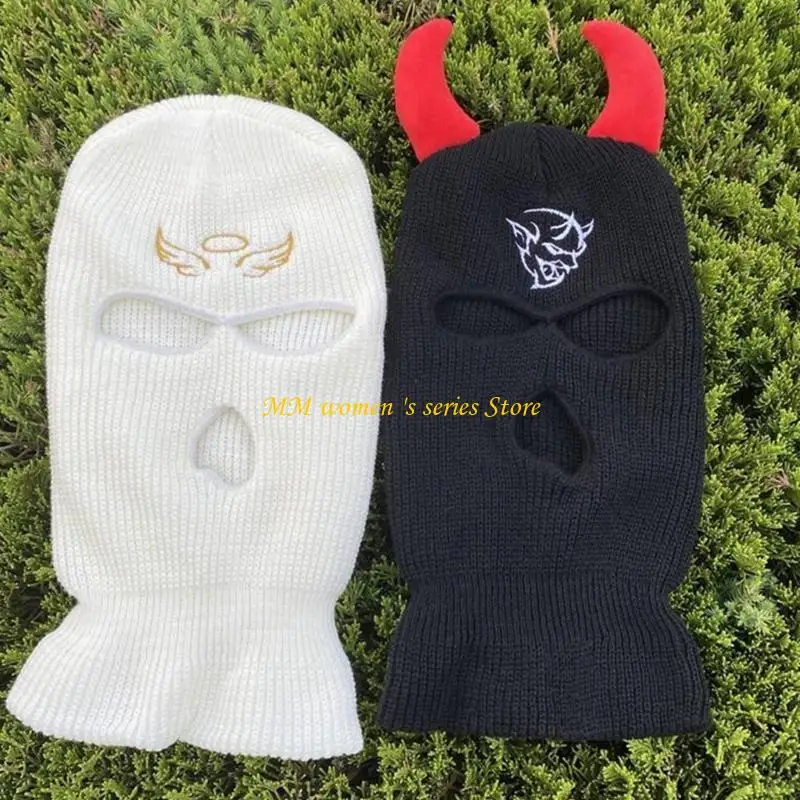 Q39C Black/White Color Knit Hat Ox Horn Hat Elastic Hat Knit Balaclava Hat Ear Protector Hat Winter Cycling Skiing Hat