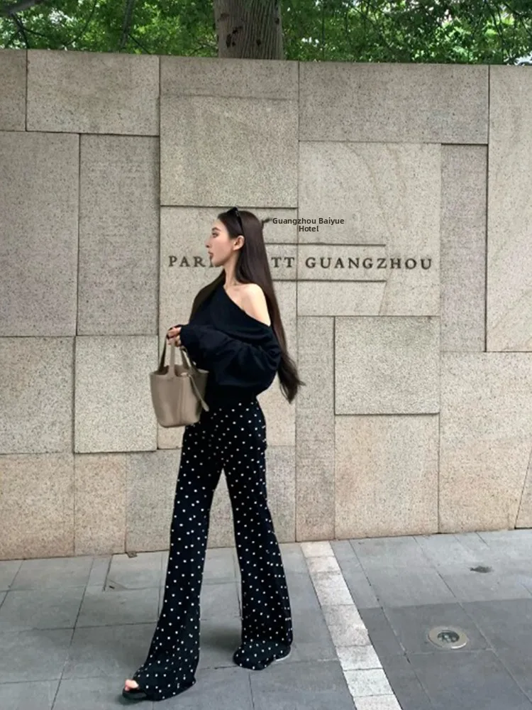 

American Hot Girl Set Black Oblique Shoulder Long Sleeve T Shirt Women Summer High Waist Polka Dot Flared Pants Casual Pants ...