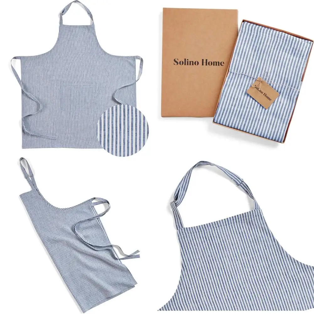 

Pure Linen Midi Bib Apron in Navy and White Stripes for Unisex, Adjustable Neck Strap with Center, 100% Linen Material, Full-Len