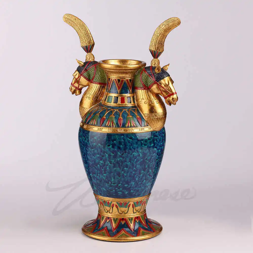 Ancient Egyptian Style Vase Double Heads Falcon Urn Resin Craft Blue Gold Egyptology Decorative Ornament Gift for Home Office