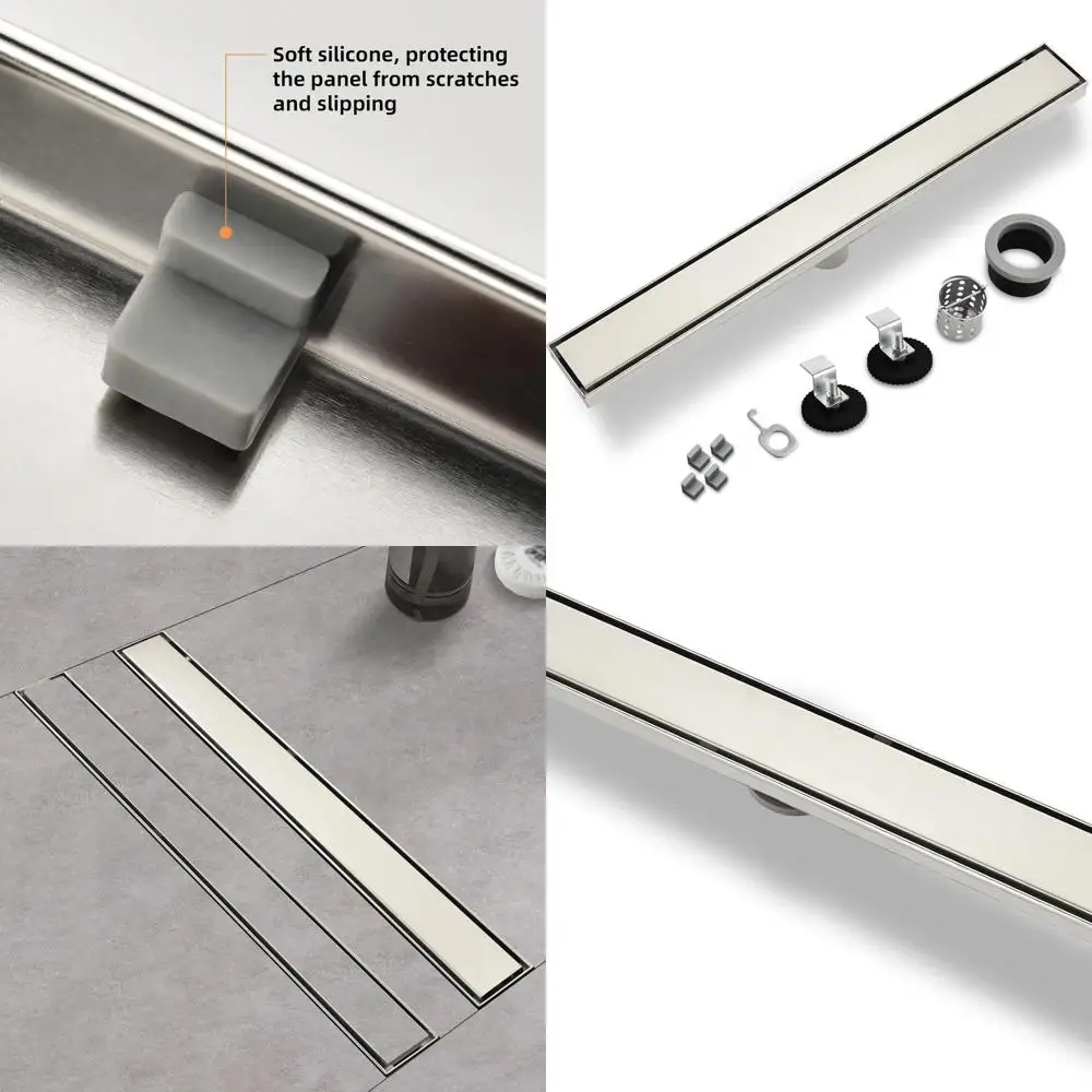 

36 Brushed 304 Stainless Steel Linear Shower Drain with Reversible Tile-Pattern Cover and Hair Catcher
