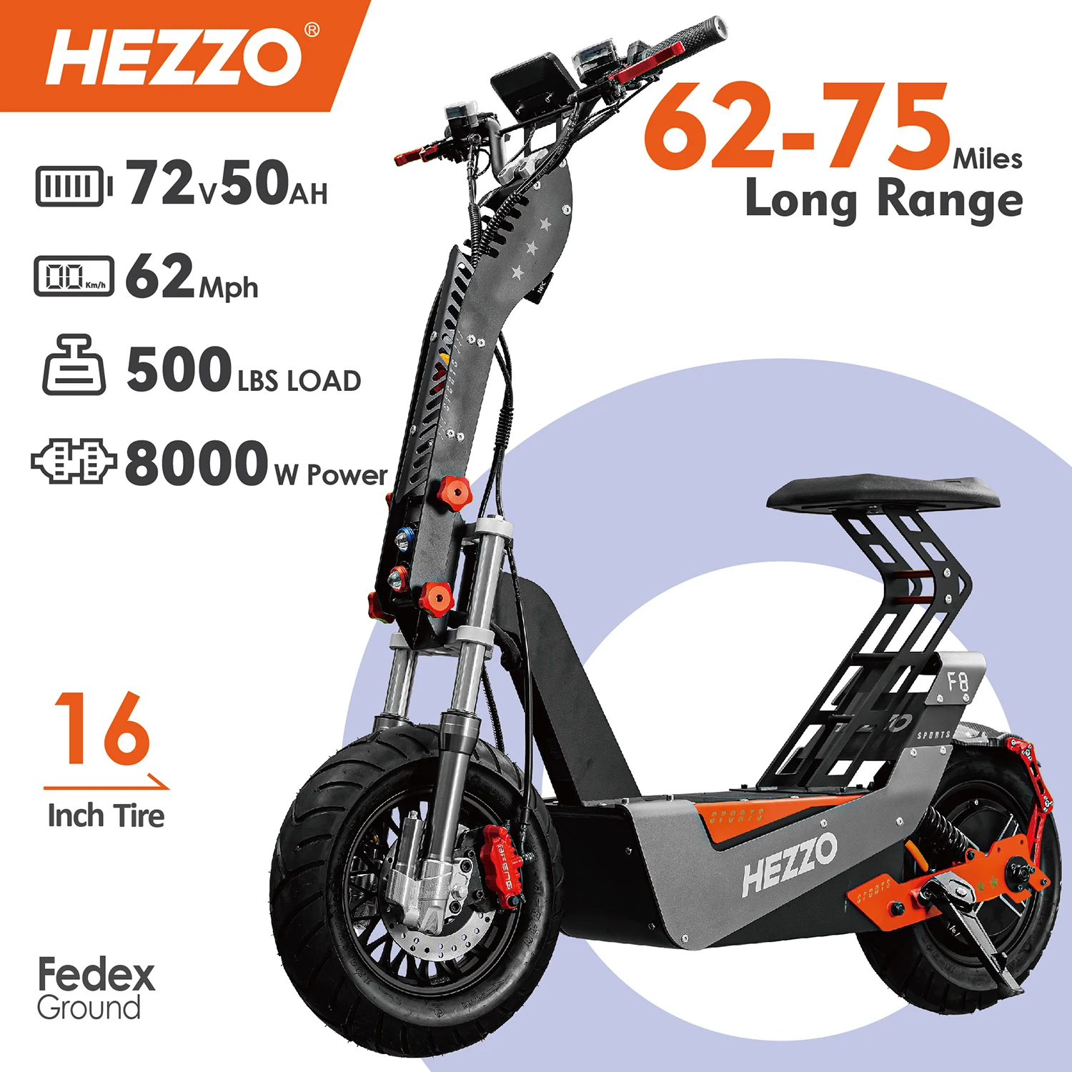 

HEZZO F8 Escooter 16Inch 10000W 90KM/H 50Ah Foldable Aluminum Full Suspension Hydraulic Disc Brakes Electric Scooter With Seat