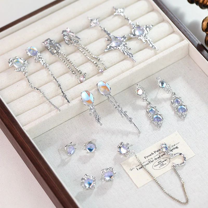 Vintage Luxury Earrings Silver Color Lrregular Water Droplets Multicolour Moonstone Drop Earrings for Women