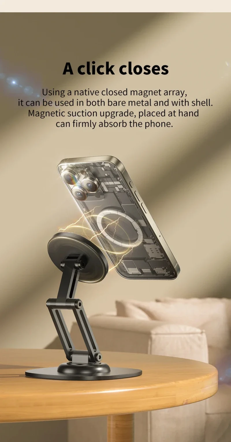 360-Grad-Drehung, Aluminiumlegierung, faltbar, magnetisch, Desktop-Telefonständer, Schreibtisch, fauler Halter für Magsafe iPhone 16, 15, 14, 13, 12 Pro Max – Detail 8