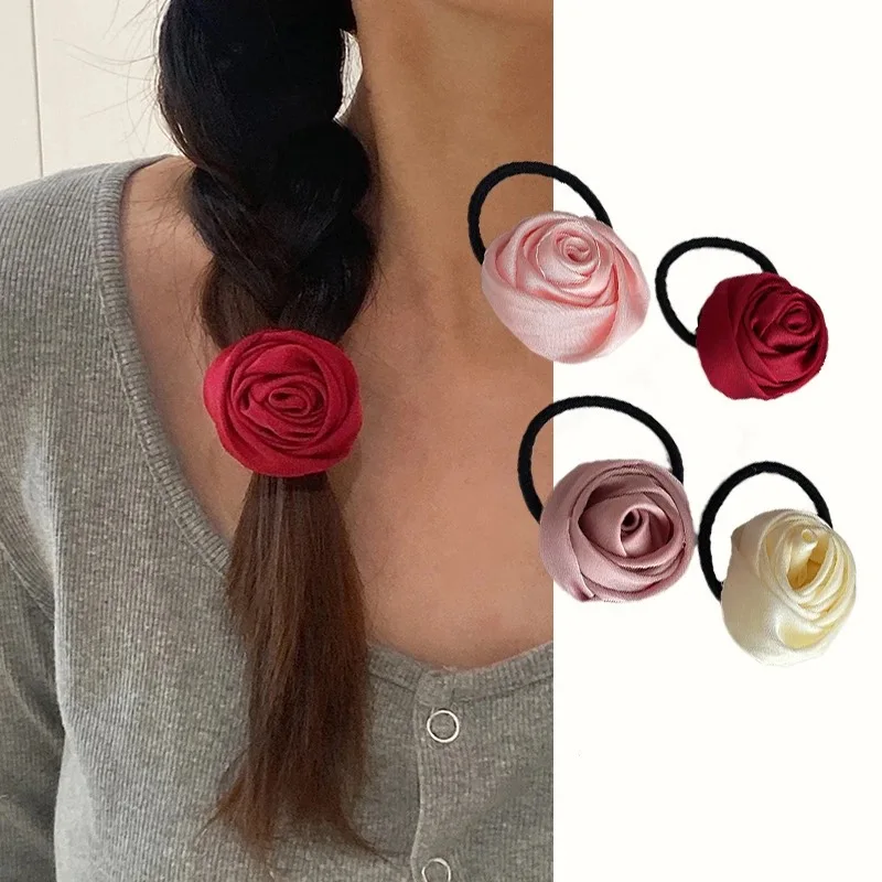 Korean Sweet Satin Rose Flower Scrunchies Hair Rope Hair Tie Women Girl Floral Ponytail Elastic Hair Band Head Rope Headdress