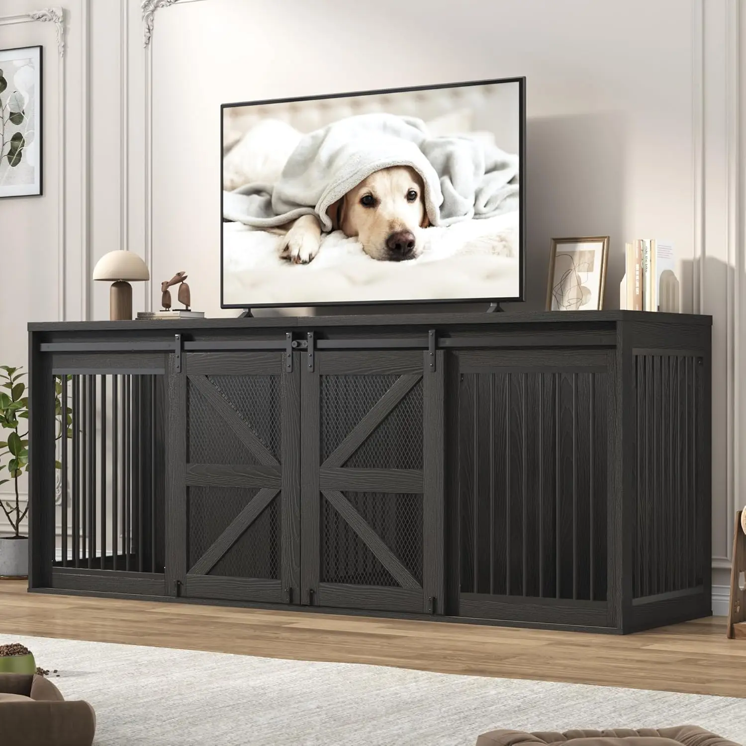 

jiteentarou87In Farmhouse Dog Crate TV Stand, Wooden Dog Kennel Furniture with Sliding Metal Mesh Barn Door, Large Dog Crate