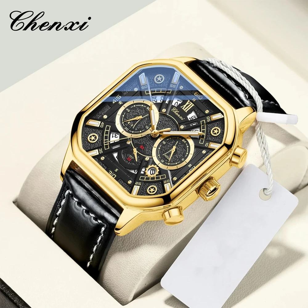 

CHENXI 9042, новые модные квадратные мужские часы, многофункциональные полые часы с календарем, кварцевые часы с кожаным ремешком для мужчин