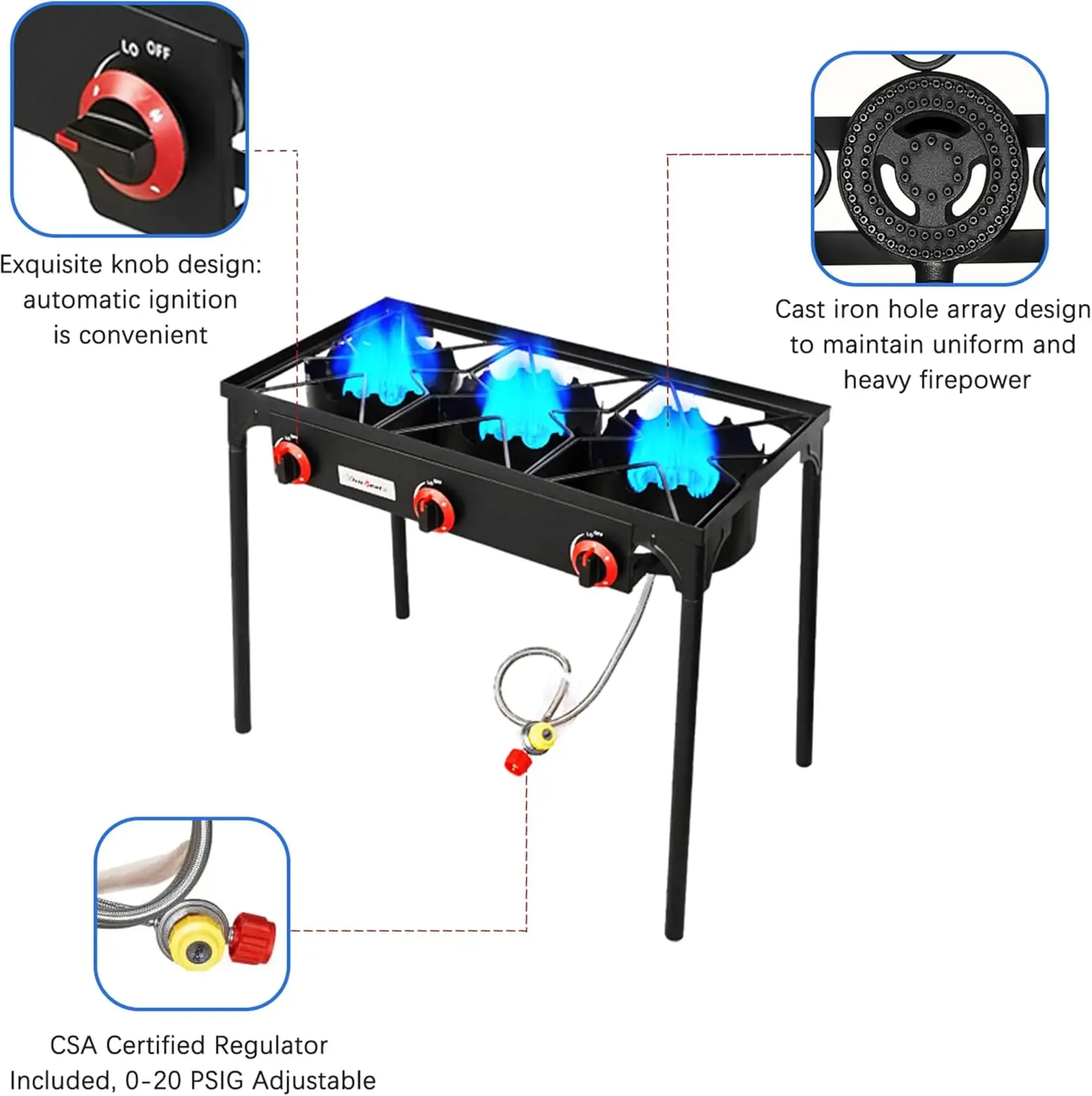 Druk Propaankachel, 28 Inch Hoge Camping Kachel Met Gietijzeren Brander 105000 Btu Power, Stabiele Poten